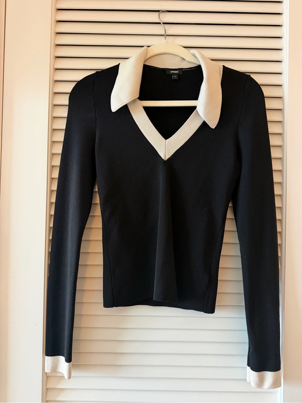 Express Black Long-Sleeve V-Neck Top with Cream Collar